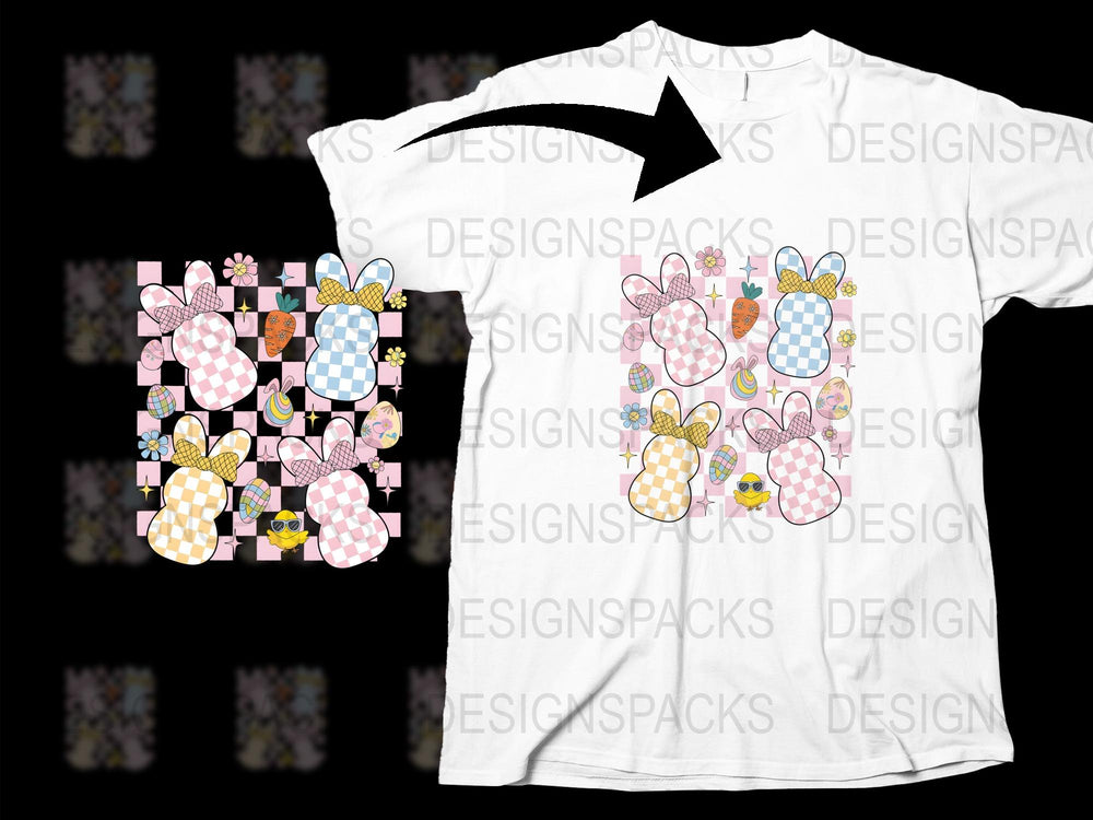 Easter Bunny Pattern T-Shirt, Cute Spring Rabbits, Pastel Colors, Kids and Adult Size Casual Wear