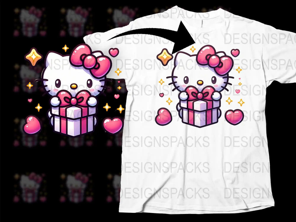 Cute Hello Kitty holding gift box with hearts and sparkles, print-ready design for t-shirts