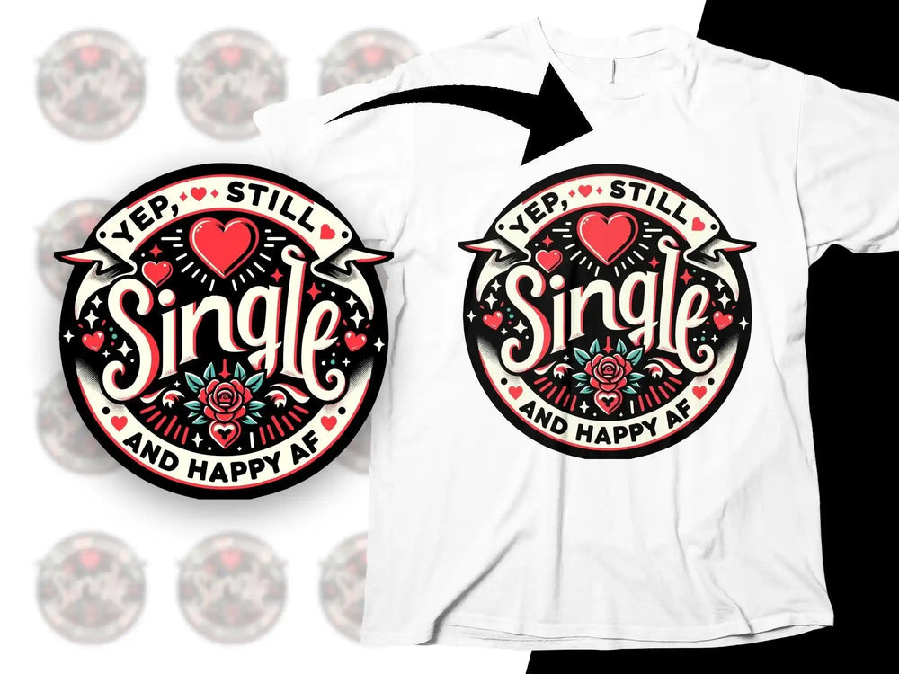 Yep Still Single and Happy AF t-shirt design with hearts and rose, print-ready SVG/PNG for DTF DTG