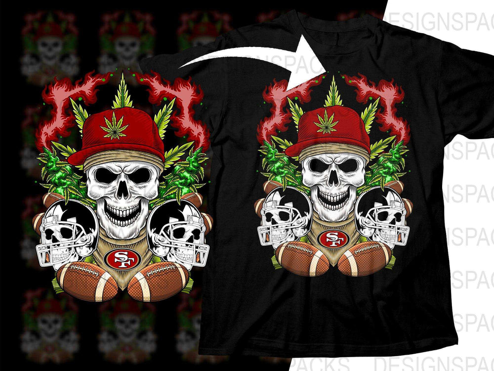Skull in red cap with cannabis leaves, footballs, and SF logo on black t-shirt design