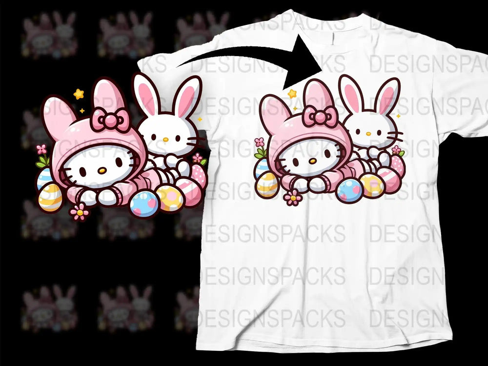 Cute Easter bunny Hello Kitty design on white t-shirt with colorful eggs and flowers