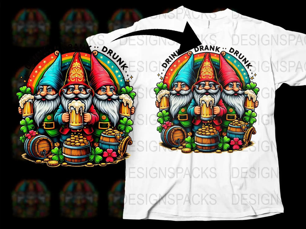 Three gnomes with beer, shamrocks, and rainbow design for t-shirt printing