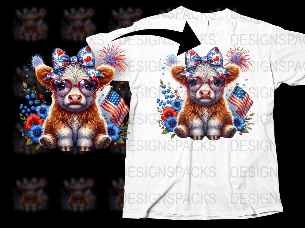 Patriotic Cow T-Shirt, Cute Farm Animal with Glasses, USA Flag, 4th of July Tee, Unisex Adult Clothing