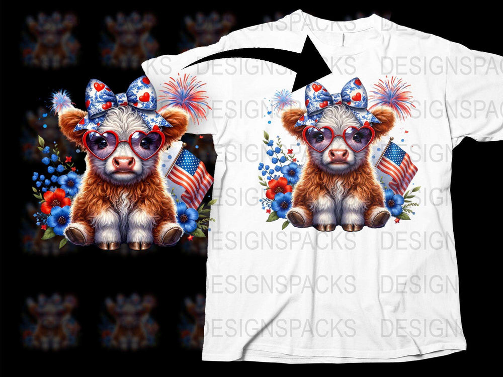 Patriotic Cow T-Shirt, Cute Farm Animal with Glasses, USA Flag, 4th of July Tee, Unisex Adult Clothing