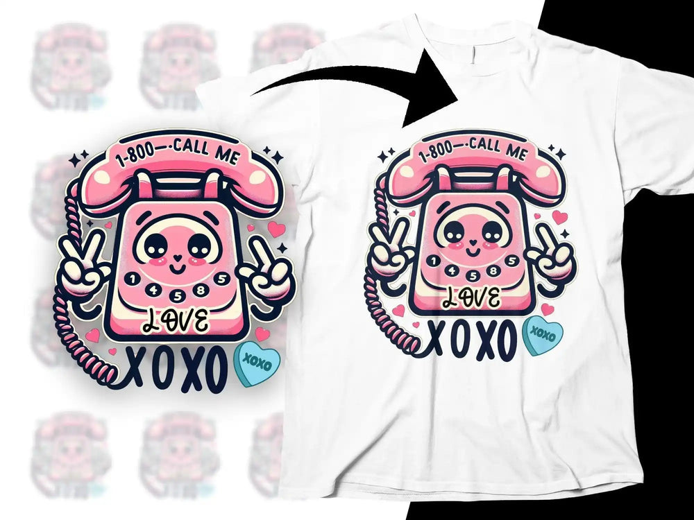 Cute pink phone design with '1-800-CALL ME' and 'XOXO' on white t-shirt, perfect for DTF/DTG printing.