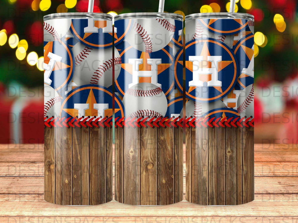 Houston Astros logo and baseball pattern on a tumbler with wood grain base.