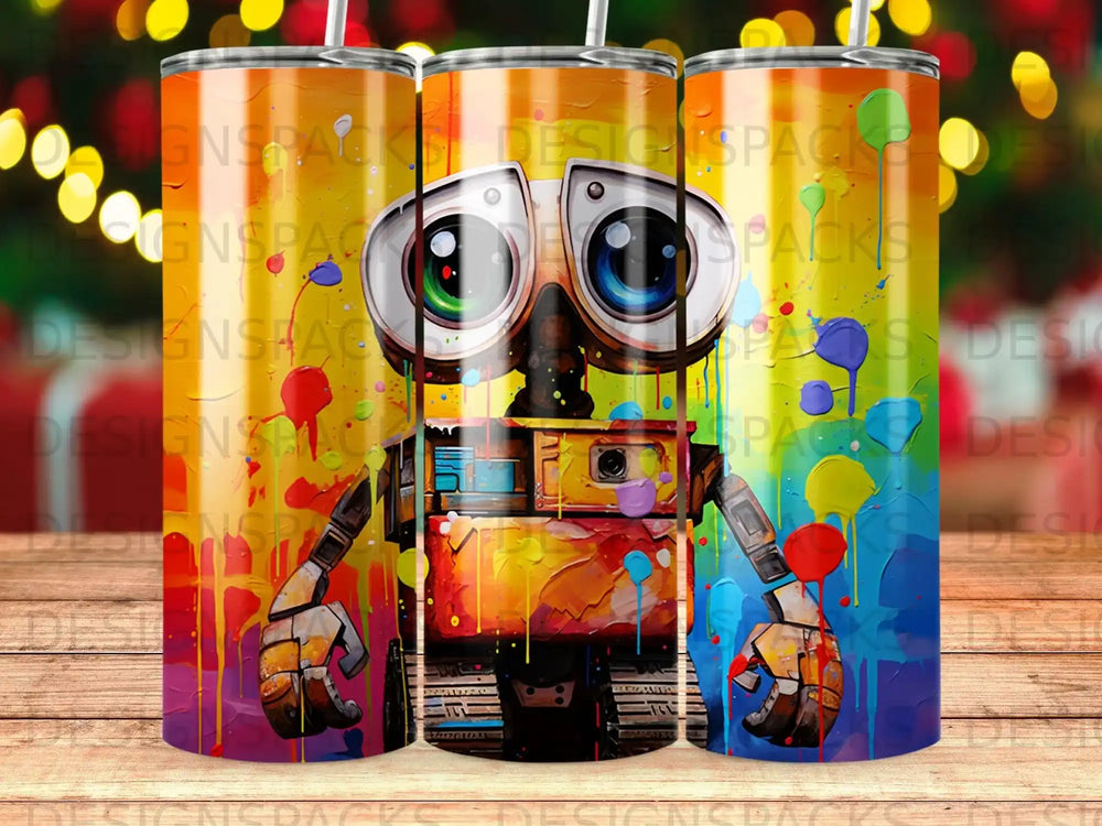 Wall-E robot with colorful paint splatters on a patterned background.
