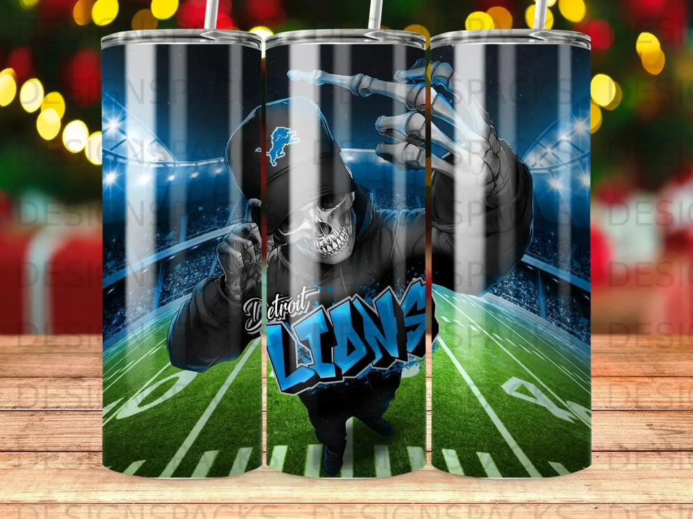Skeleton wearing Detroit Lions hoodie, pointing finger, football stadium background.
