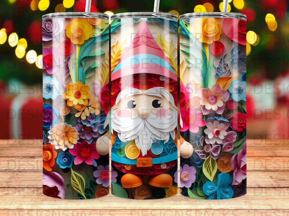 Three cylindrical tumblers featuring a colorful gnome surrounded by paper flowers.