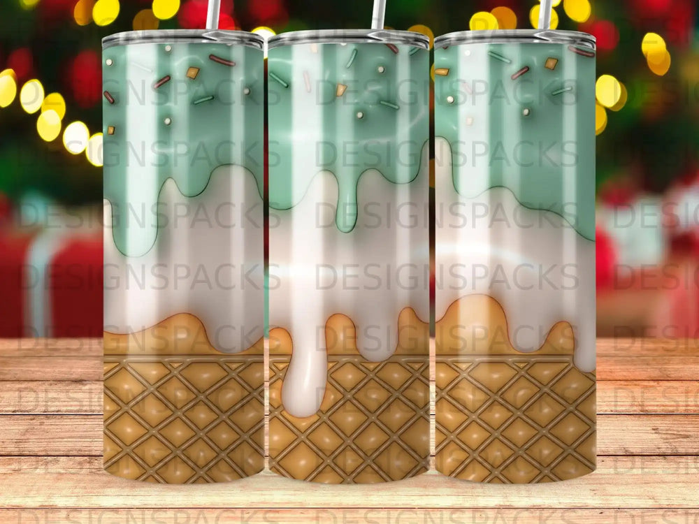 Tall tumbler with waffle cone and dripping ice cream design.
