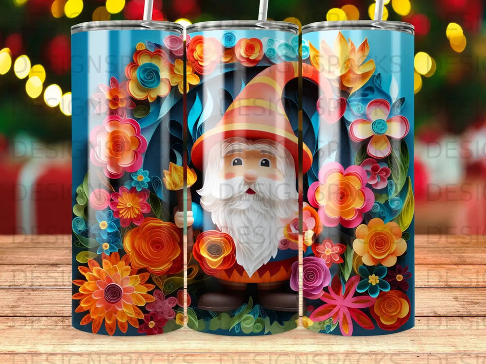 Gnome with flowers and foliage on a blue tumbler.