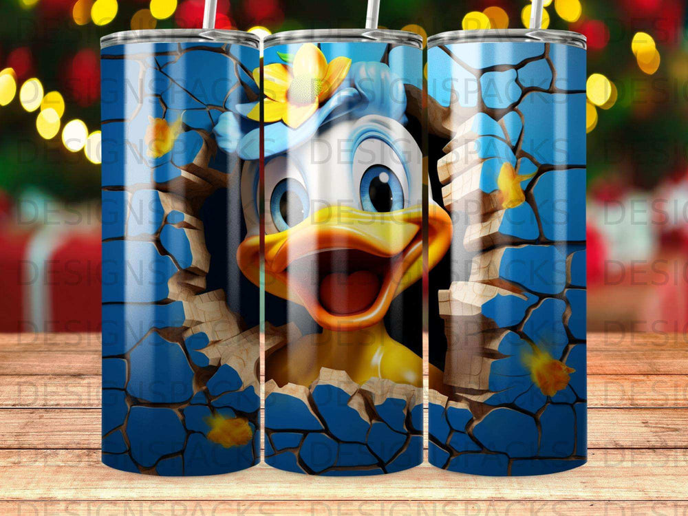 Cartoon duck character bursting through a blue cracked wall.
