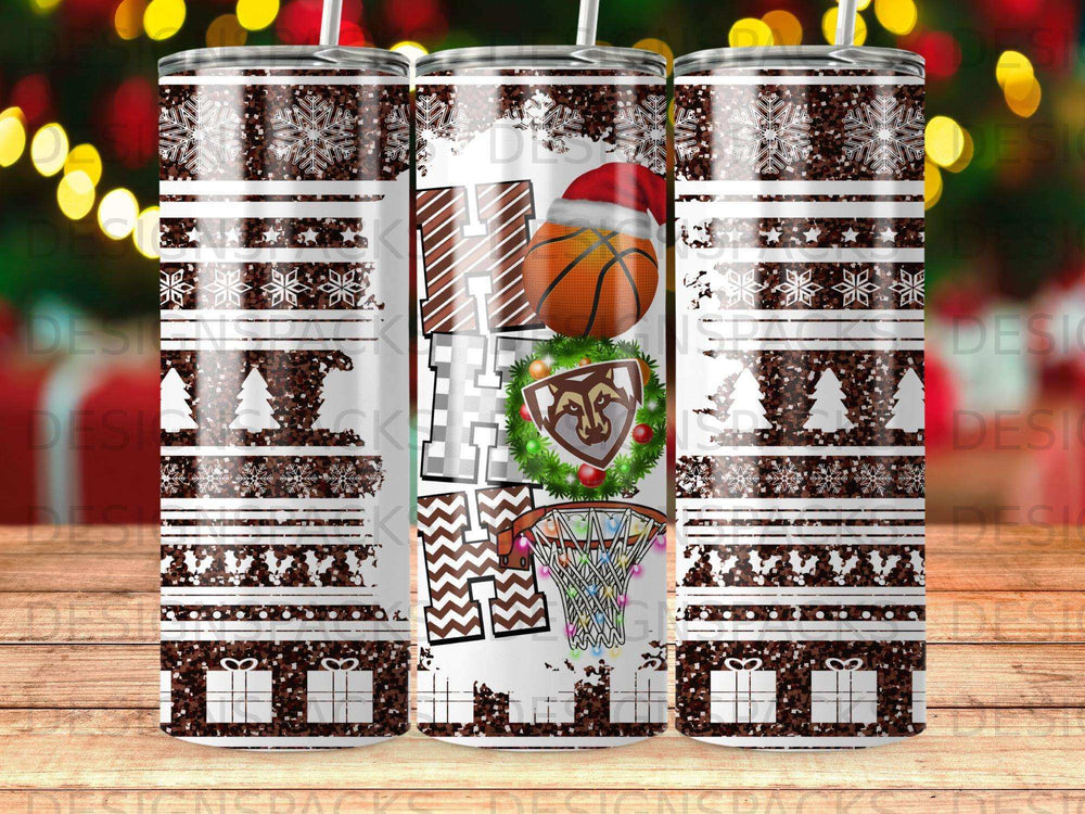 Christmas tumbler with basketball, wreath, and snowflake patterns.