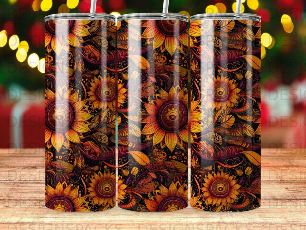 Sunflower floral pattern tumbler wrap with warm colors.