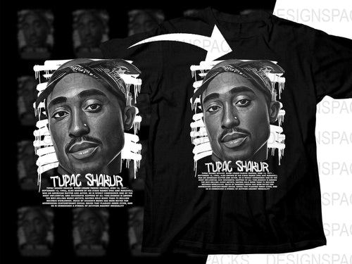 Tupac Shakur t-shirt design with dripping paint effect and biographical text, print-ready for DTG or DTF.