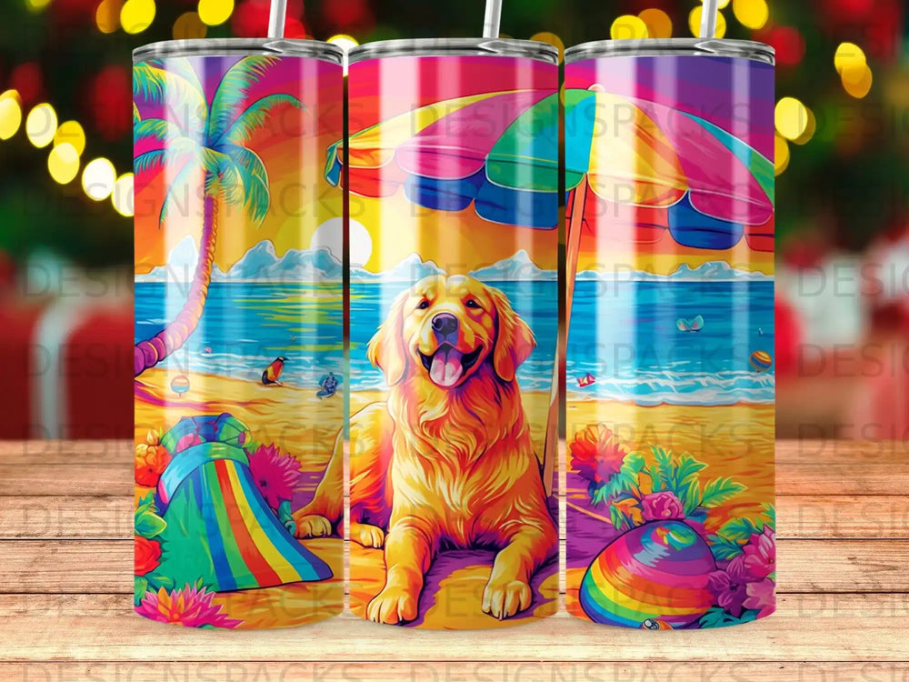 Golden retriever on a beach with a colorful umbrella and beach accessories.