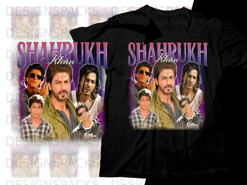 Shah Rukh Khan collage t-shirt design with "Sha_Rukh Khan" text.