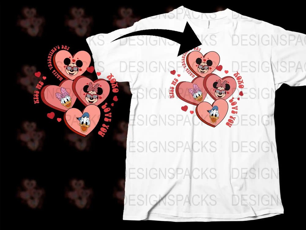 Valentine's Day t-shirt with Mickey, Minnie, and Donald in heart designs, perfect for print-ready PNG bundles.