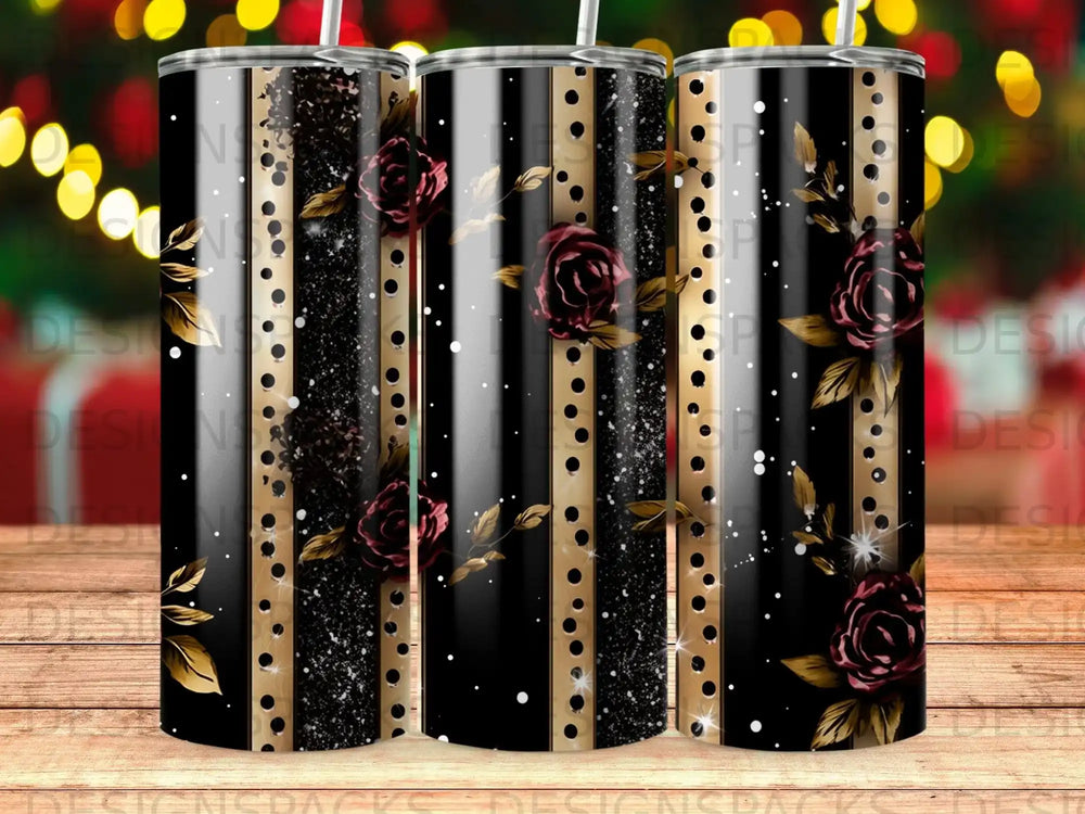 Black tumbler with glitter stripes and red roses.