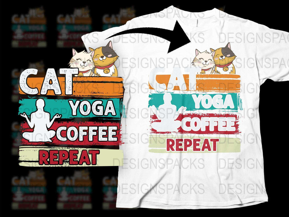 Cat Yoga Coffee Repeat T-Shirt, Cute Cat Lover Gift, Funny Yoga Tee, Casual Graphic Shirt for Women and Men