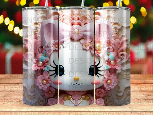 3D rendering of a white cat face with pink bow, flowers, and ornate gold details.