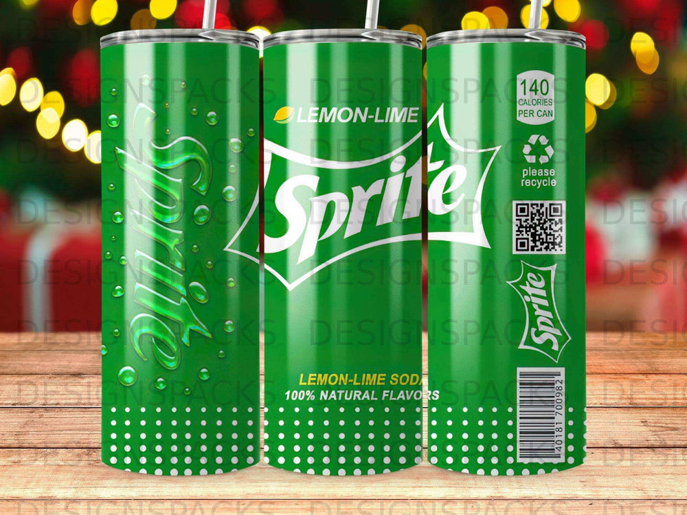 Green Sprite soda tumbler with logo and nutritional information.