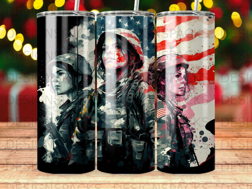 Three female soldiers against a patriotic American flag background.