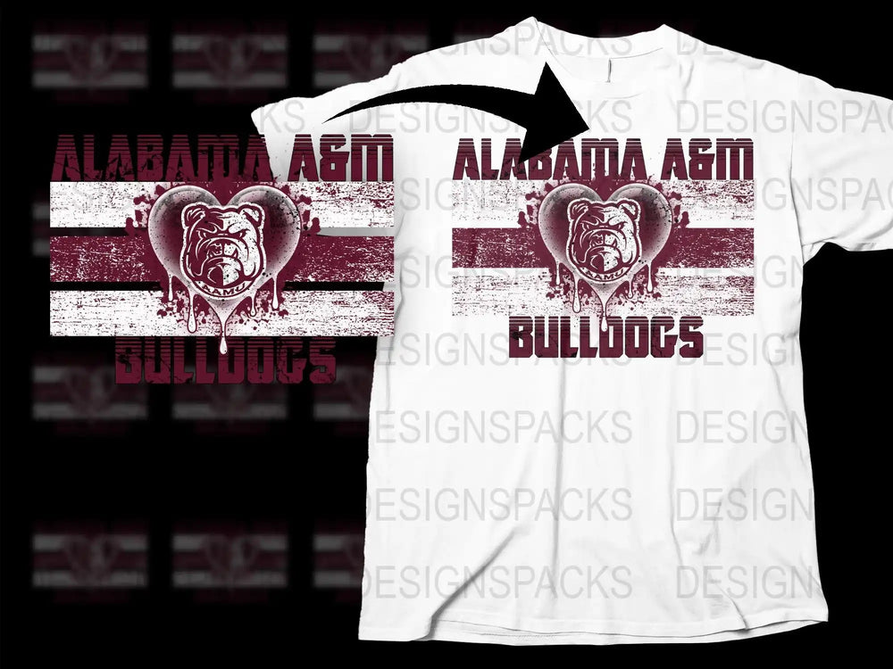 Alabama A&M Bulldogs heart logo t-shirt design, maroon and white distressed print, ready for DTF/DTG