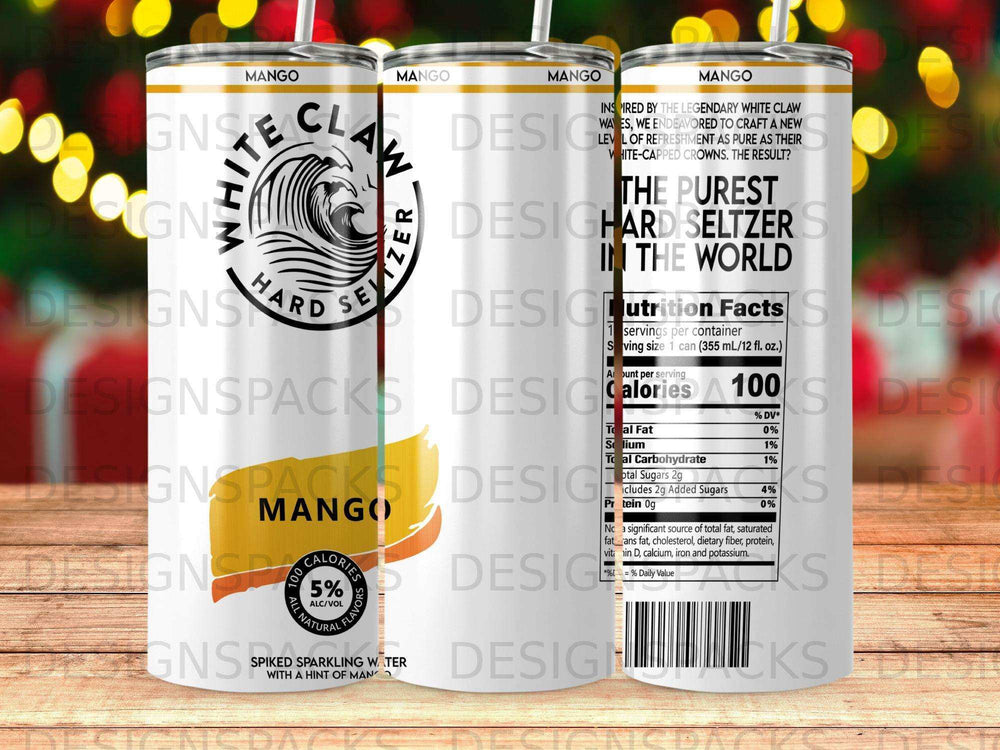 White Claw Mango Hard Seltzer can with nutrition facts and flavor information.