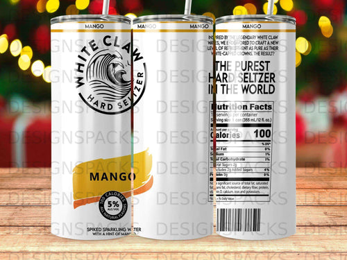 White Claw Mango Hard Seltzer can with nutrition facts and flavor information.