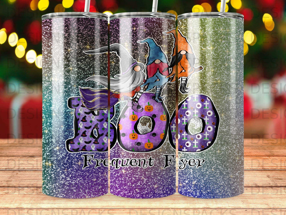 Three tumblers with "Boo" in Halloween gnomes and spiders, reading "Frequent Flyer."