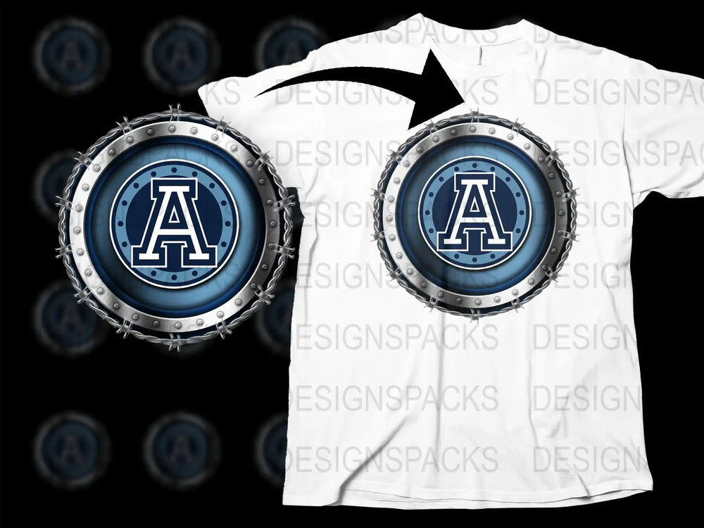 Blue and silver circular design with letter A on white t-shirt, print-ready for DTG or DTF