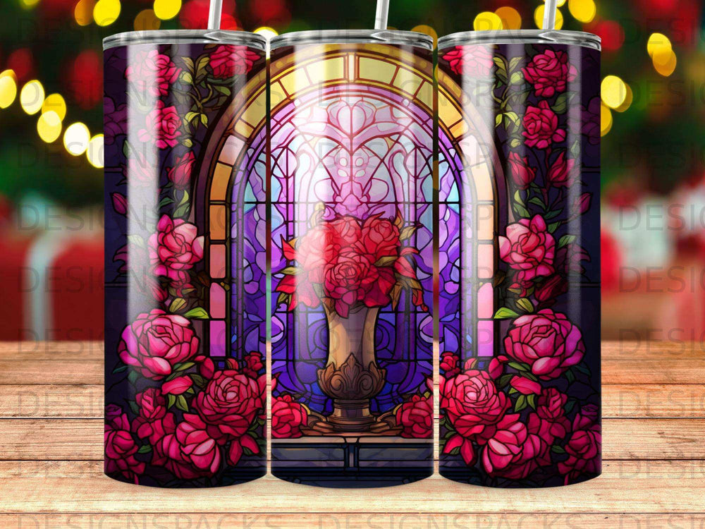 Floral stained glass pattern with roses and vase on a tumbler.