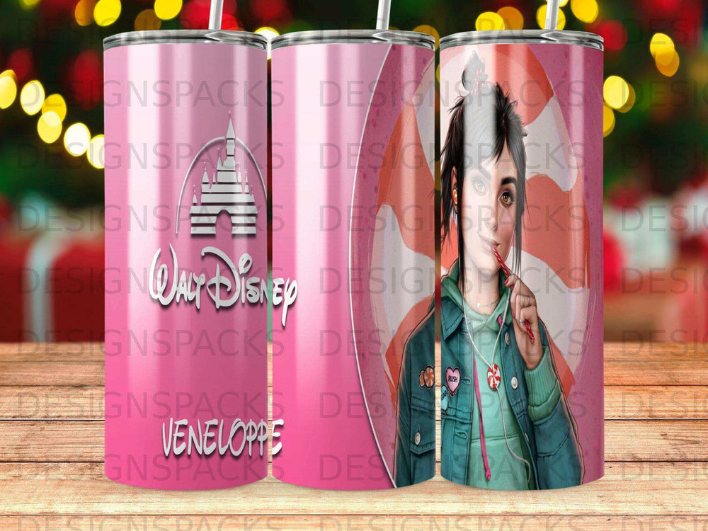 Wreck-It Ralph's Vanellope Von Schweetz character on a patterned tumbler.