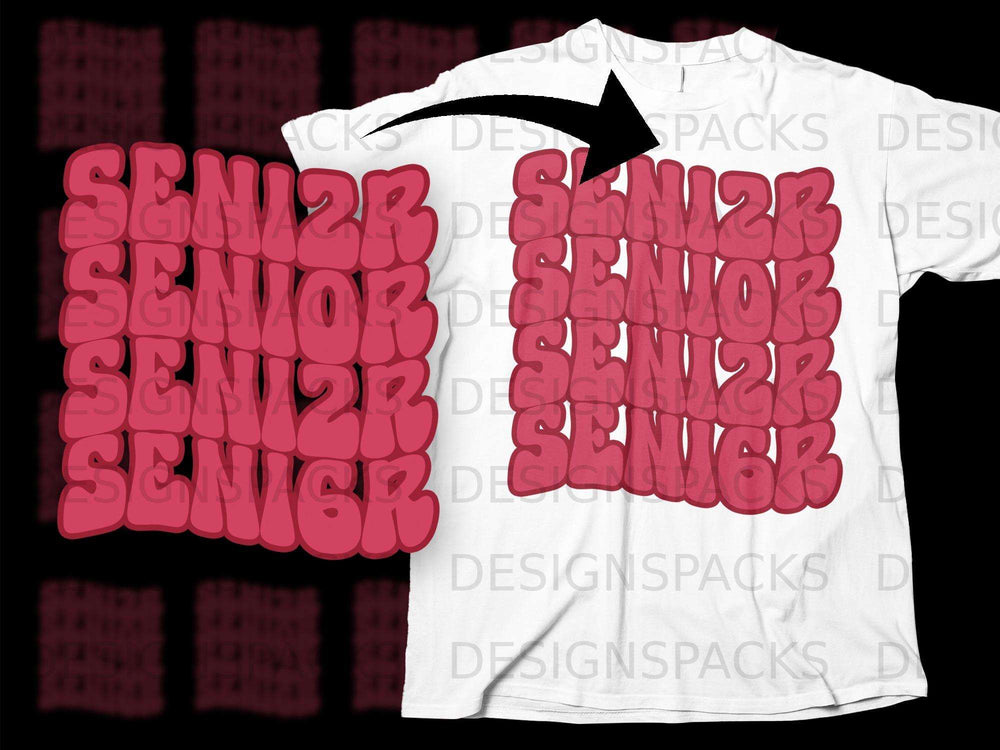 White t-shirt featuring a retro pink bubble font graphic reading "SENIOR" layered four times.