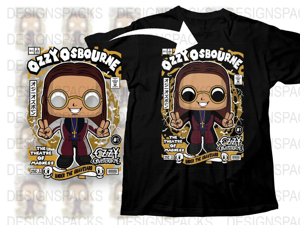 Ozzy Osbourne comic-style t-shirt design with 'The Theatre of Madness' and 'Under the Graveyard' text, perfect for DTF/DTG printing.