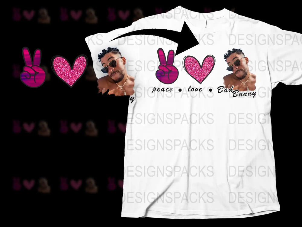 White t-shirt with peace sign, glitter heart, and 'Bad Bunny' text design for DTG printing