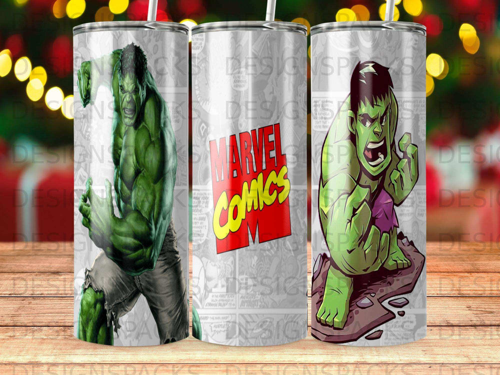 Hulk smashing through Marvel Comics panels on a patterned tumbler.