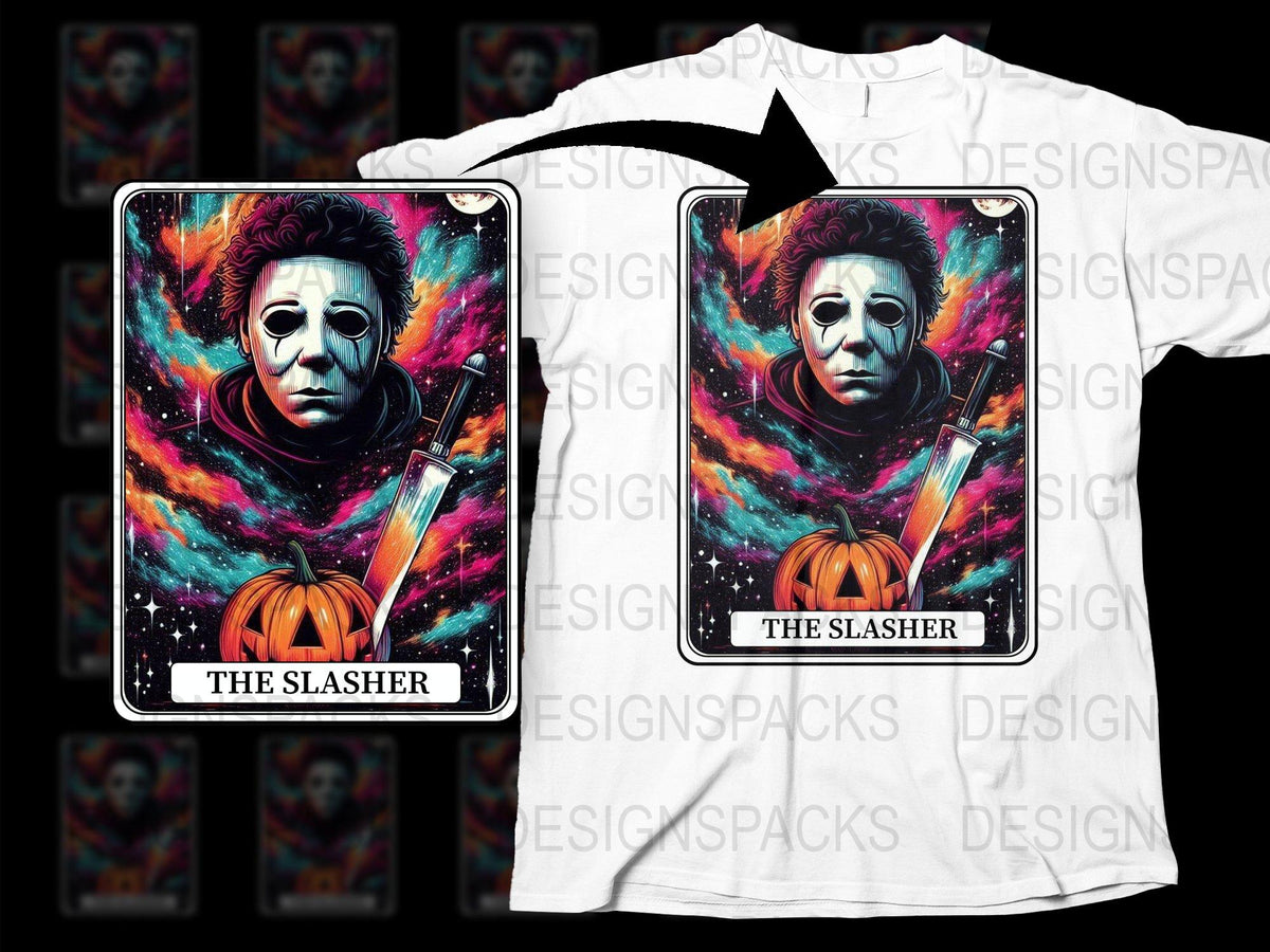 Colorful Horror Movie Themed T-Shirt, Halloween Graphic Tee, Spooky Pumpkin and Mask Artwork