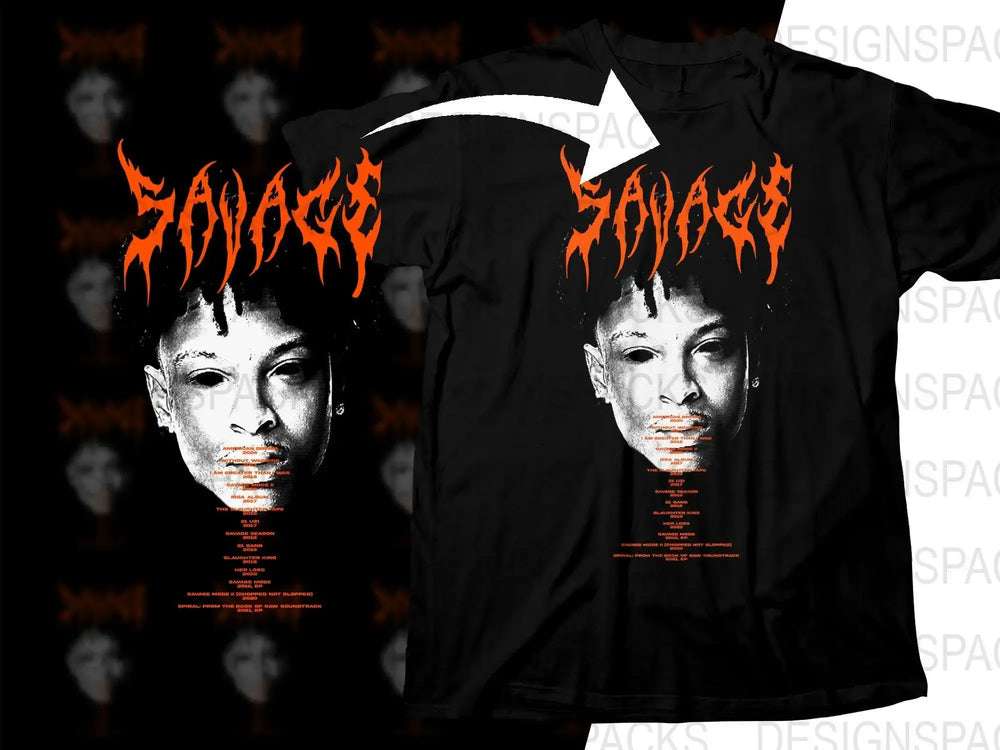 Savage Mode t-shirt design with fiery text and artist portrait, print-ready for DTG or DTF