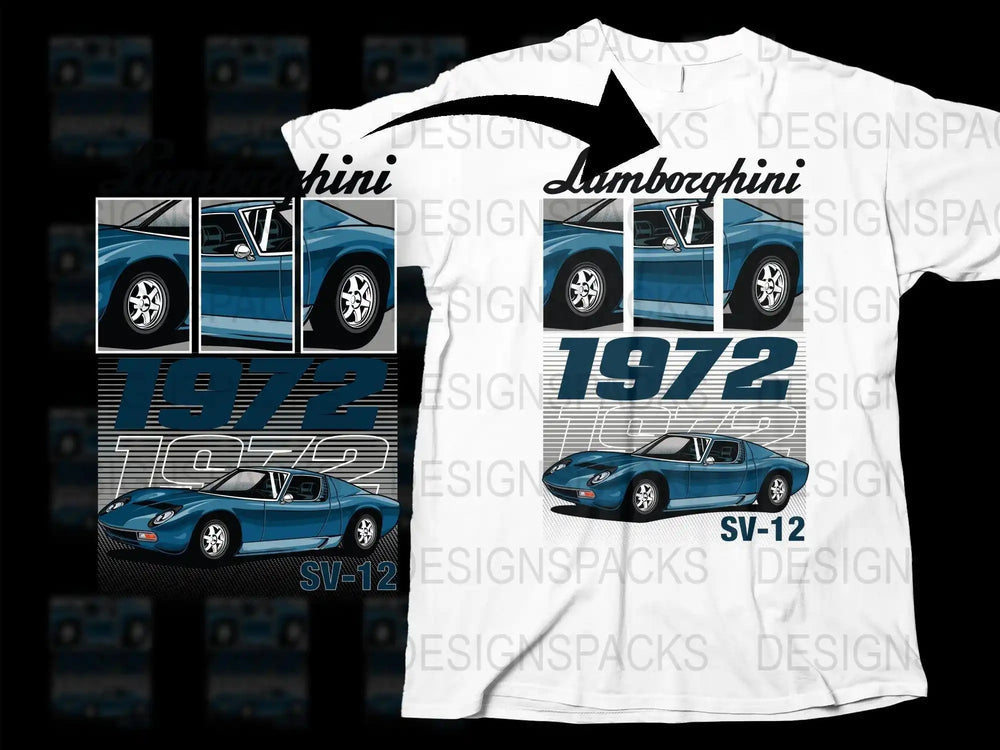 Lamborghini SV-12 1972 car design on white t-shirt, print-ready graphic for DTF DTG