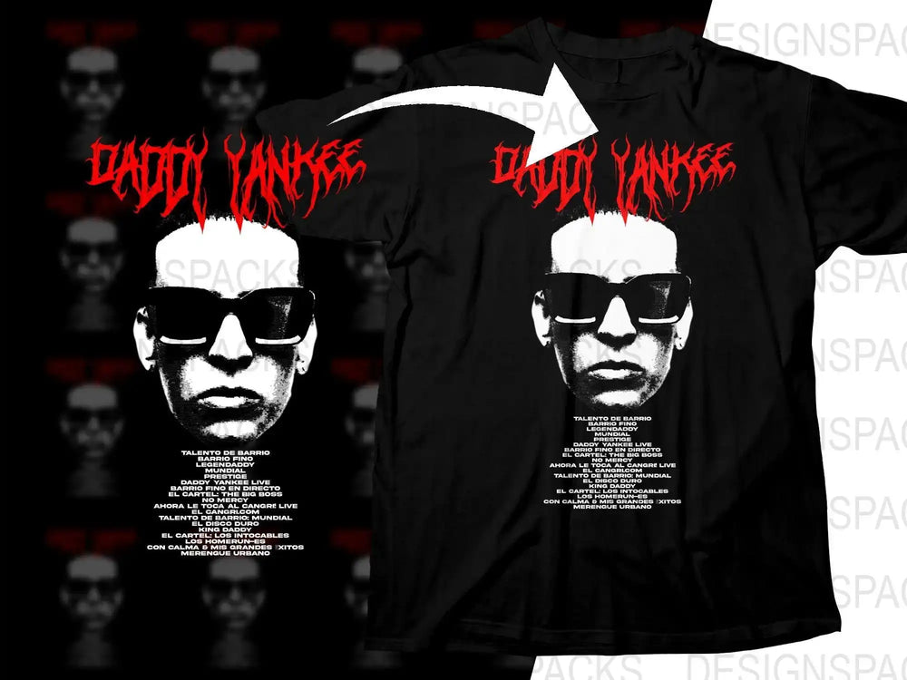 Daddy Yankee t-shirt design with bold red text and black-and-white portrait, print-ready for DTG/DTF
