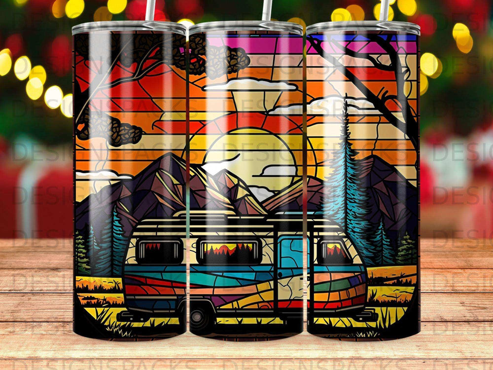 Colorful retro camper van illustration with mountain sunset background.
