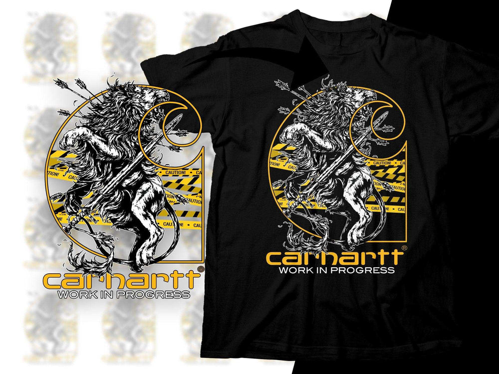 Carhartt Work In Progress lion graphic t-shirt design with caution tape, print-ready for DTG/DTF