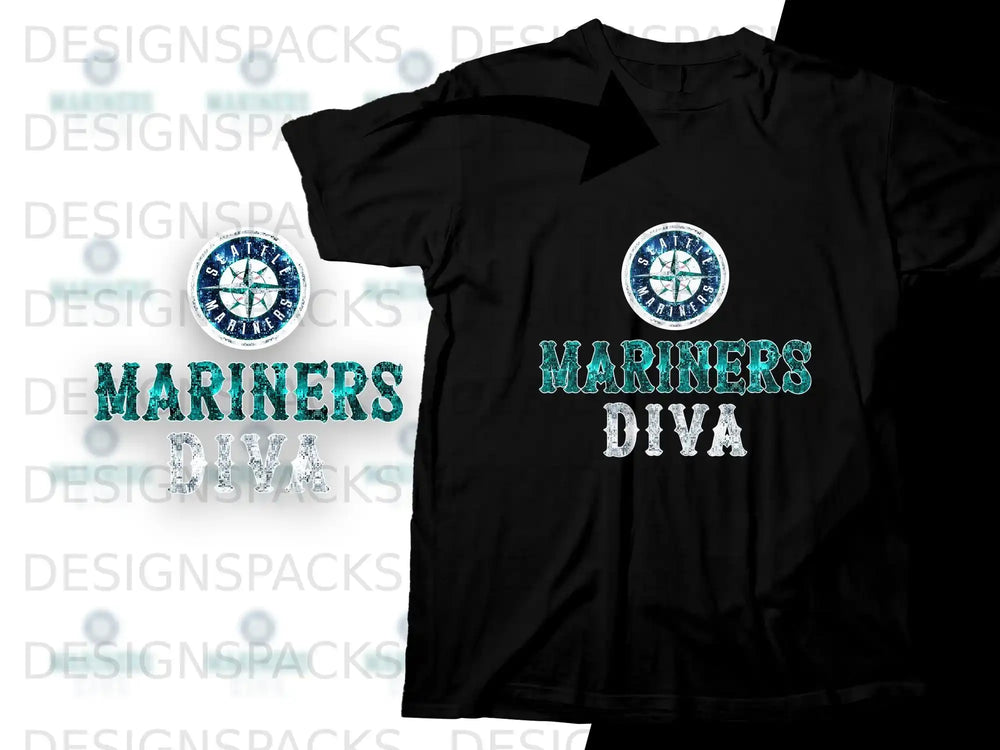 Black t-shirt with Seattle Mariners "Diva" graphic in glittery blue and white text.