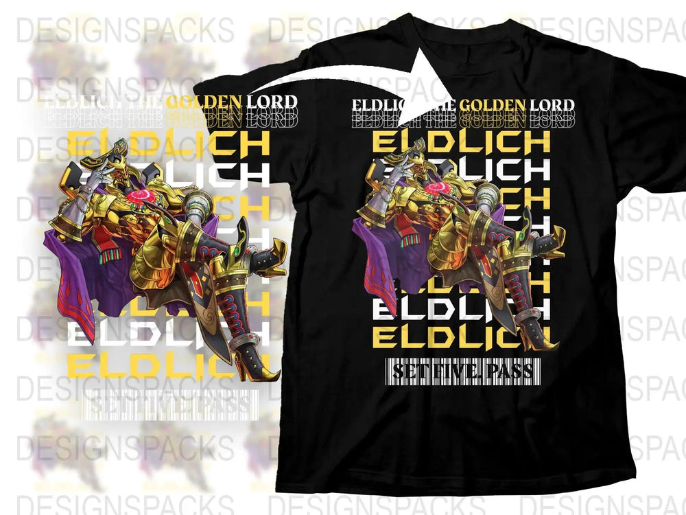 Eldlich the Golden Lord anime t-shirt design, print-ready DTF/DTG bundle with bold text and fantasy art