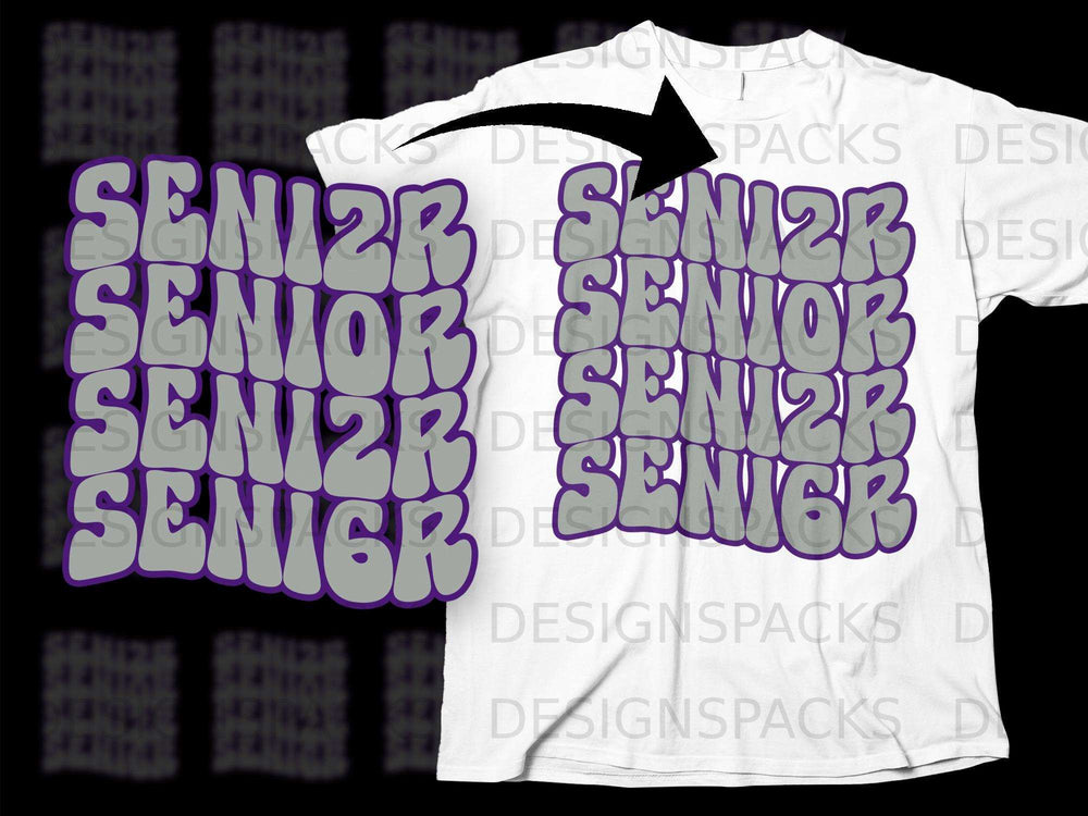 White t-shirt with "SENIOR" repeated in large, bubbly, gray and purple letters.