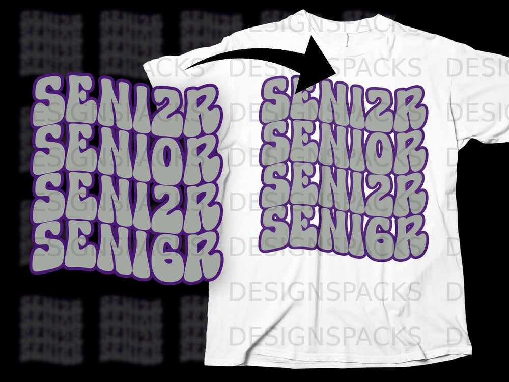 White t-shirt with "SENIOR" repeated in large, bubbly, gray and purple letters.