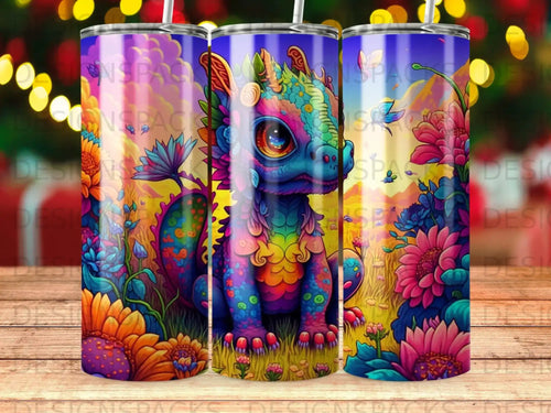 Colorful dragon on a patterned background with flowers.
