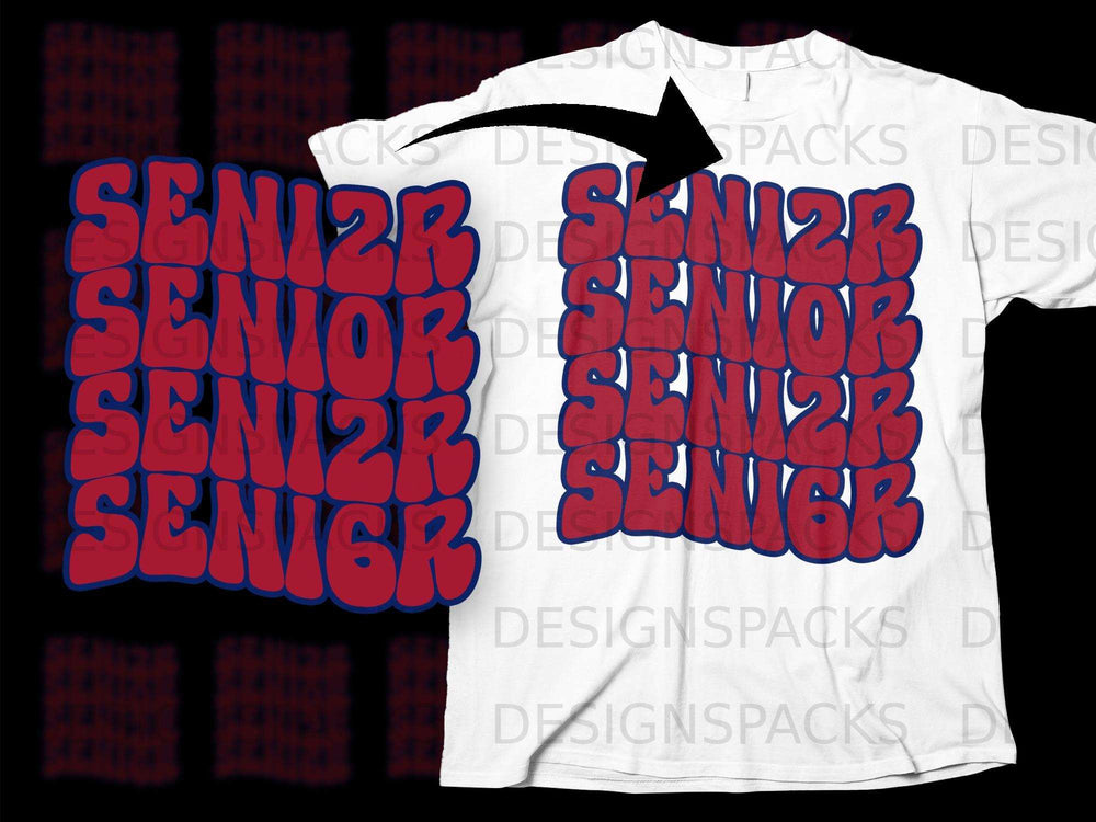 White t-shirt with "SENIOR" repeated in chunky red font with blue outline.